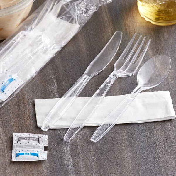 Individually Wrapped Clear Heavy Weight Cutlery Pack with Napkin and Salt and Pepper Packets - 500/Case