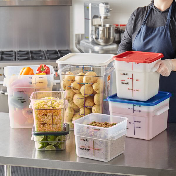 8 Qt. Clear Square Polycarbonate Food Storage Container and Red Lid - 4/Pack