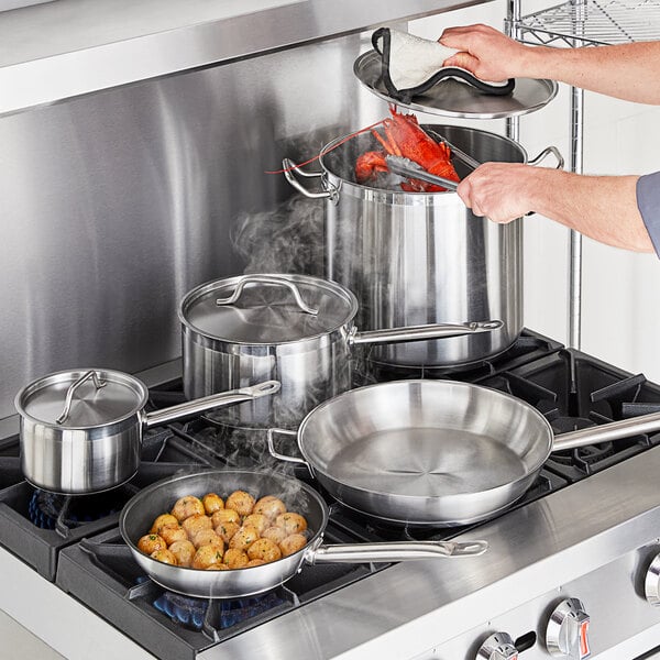 8 Piece Induction Ready Stainless Steel Cookware Set with 2 Qt., 6 Qt. Sauce Pans, 20 Qt. Stock Pot with Covers, and 9.5" Non-Stick Frying Pan