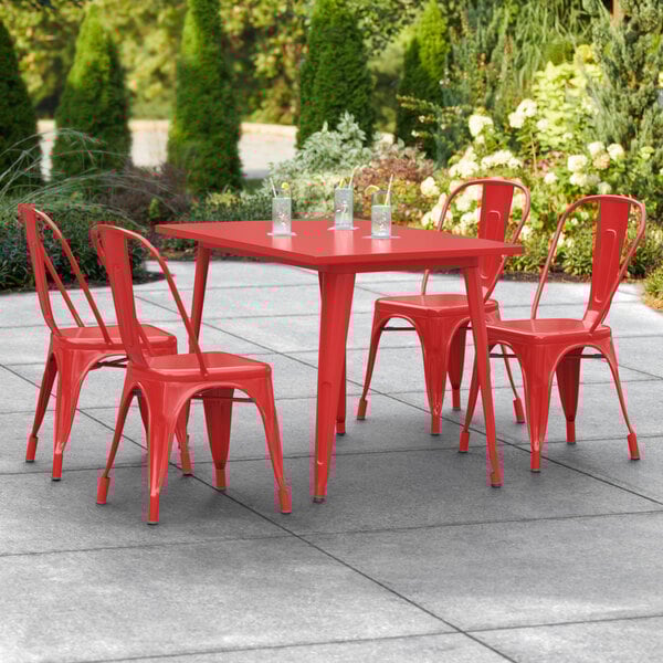 48" x 30" Red Dining Height Outdoor Table with 4 Industrial Cafe Chairs