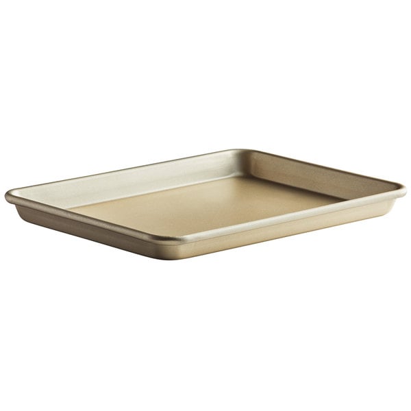 Quarter Size 18 Gauge Non-Stick 9 1/2" x 13" Gold Wire in Rim Aluminum Bun / Sheet Pan / Tray