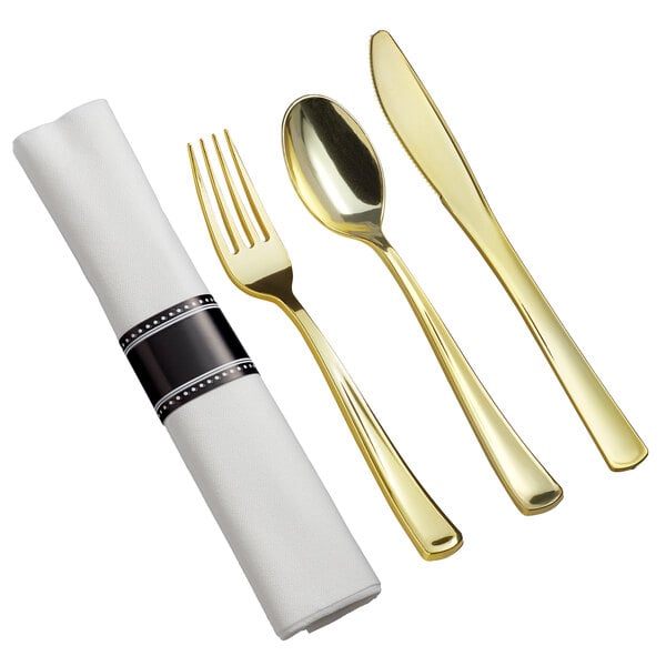 18" x 15 1/2" Pre-Rolled Linen-Feel White Napkin and Classic Heavy Weight Gold Plastic Cutlery Set - 100/Case