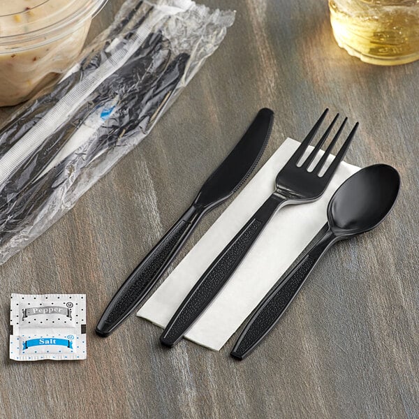 Heavy Weight Black Wrapped Plastic Cutlery Pack with Napkin and Salt and Pepper Packets - 500/Case