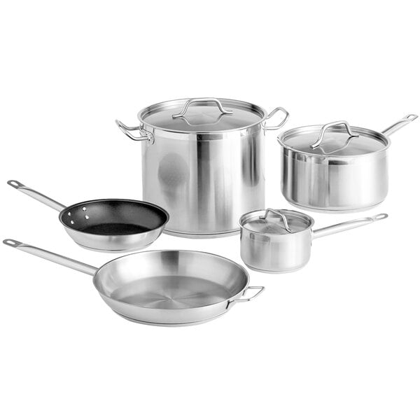 8 Piece Induction Ready Stainless Steel Cookware Set with 2 Qt., 6 Qt. Sauce Pans, 20 Qt. Stock Pot with Covers, and 9.5" Non-Stick Frying Pan