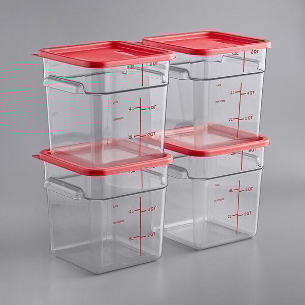 8 Qt. Clear Square Polycarbonate Food Storage Container and Red Lid - 4/Pack