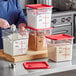 8 Qt. Clear Square Polycarbonate Food Storage Container and Red Lid - 4/Pack
