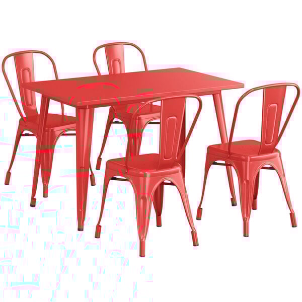 48" x 30" Red Dining Height Outdoor Table with 4 Industrial Cafe Chairs