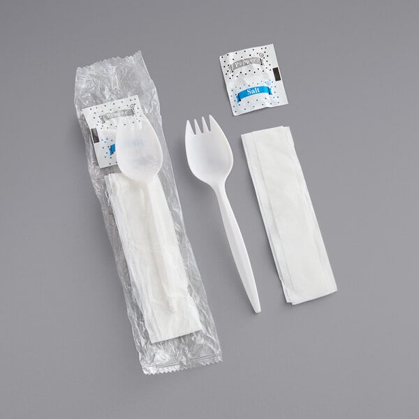 500 Piece Medium Weight White Wrapped Plastic Spork, Napkin, and Salt / Pepper Packets Kit